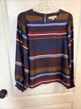 LOFT Striped Long-Sleeve Blouse in Burgundy, Blue, Mustard